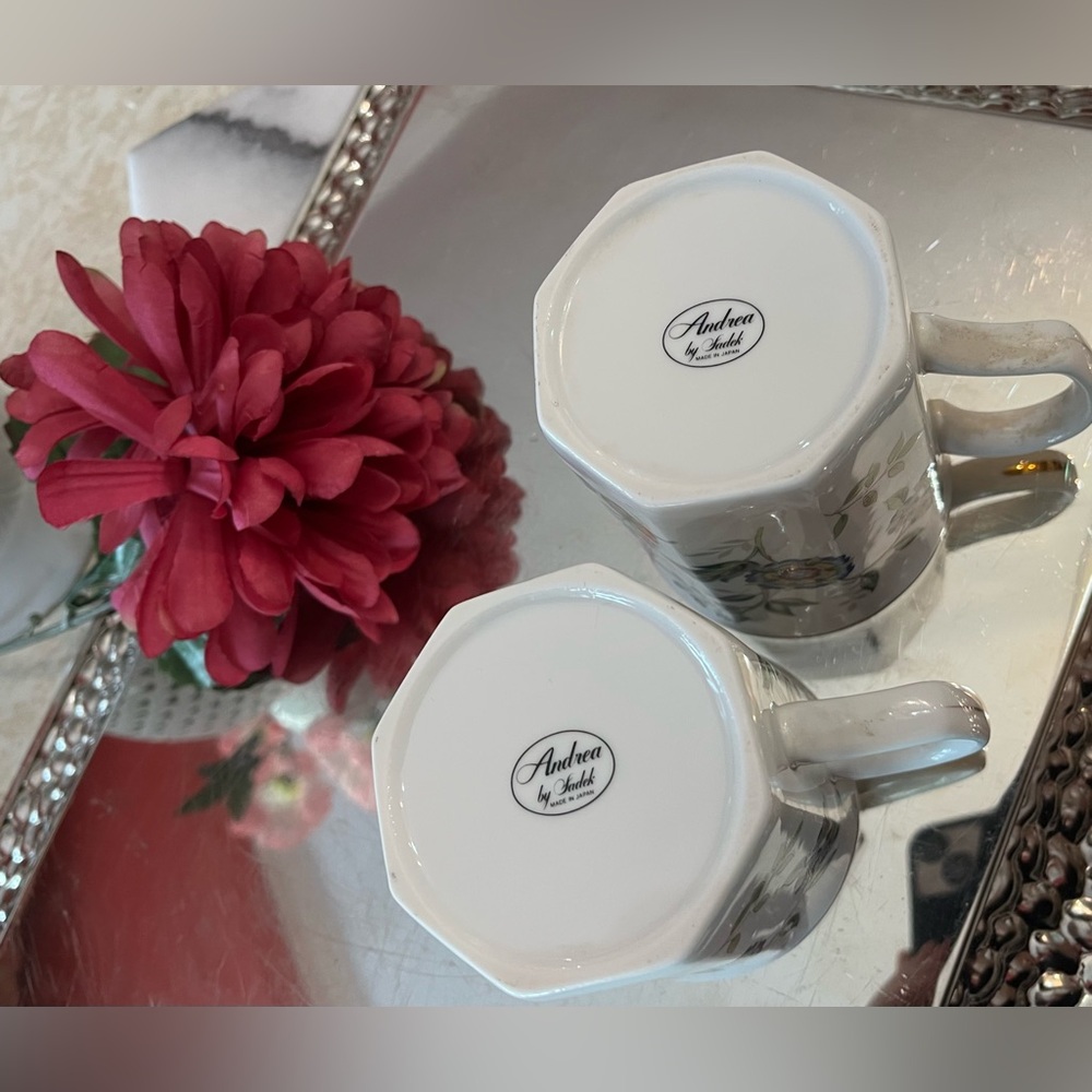 2 Andrea by Sadek Buckingham Coffee/Tea Mugs White Octagonal Floral Gold Japan - Picture 13 of 14